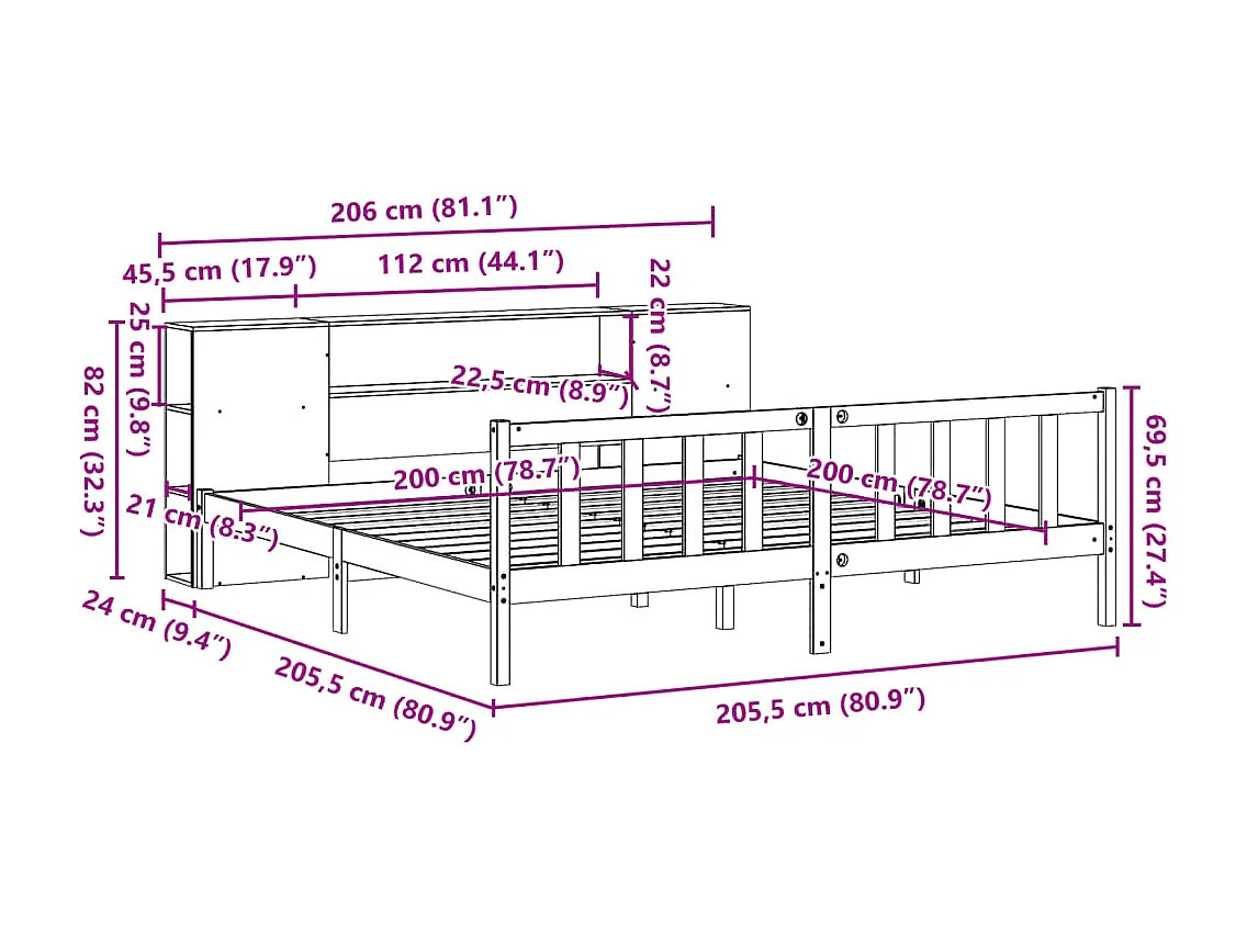 Bed met boekenkast zonder matras grenenhout wit 200x200 cm