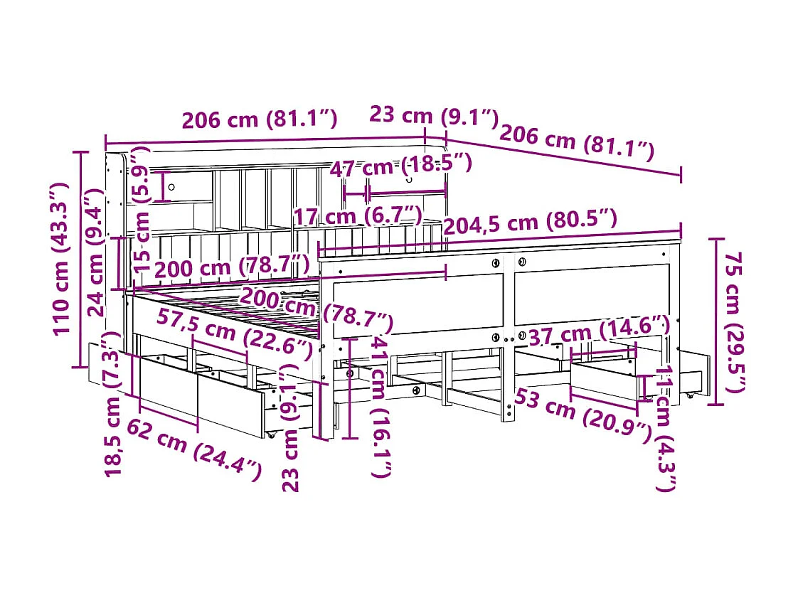 Lit bibliothèque sans matelas cire marron 200x200 cm pin massif