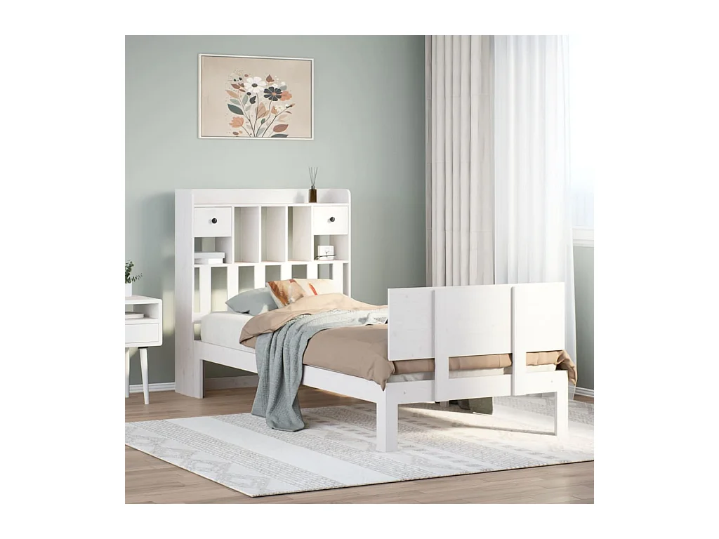 Lit bibliothèque sans matelas blanc 75x190cm bois de pin massif