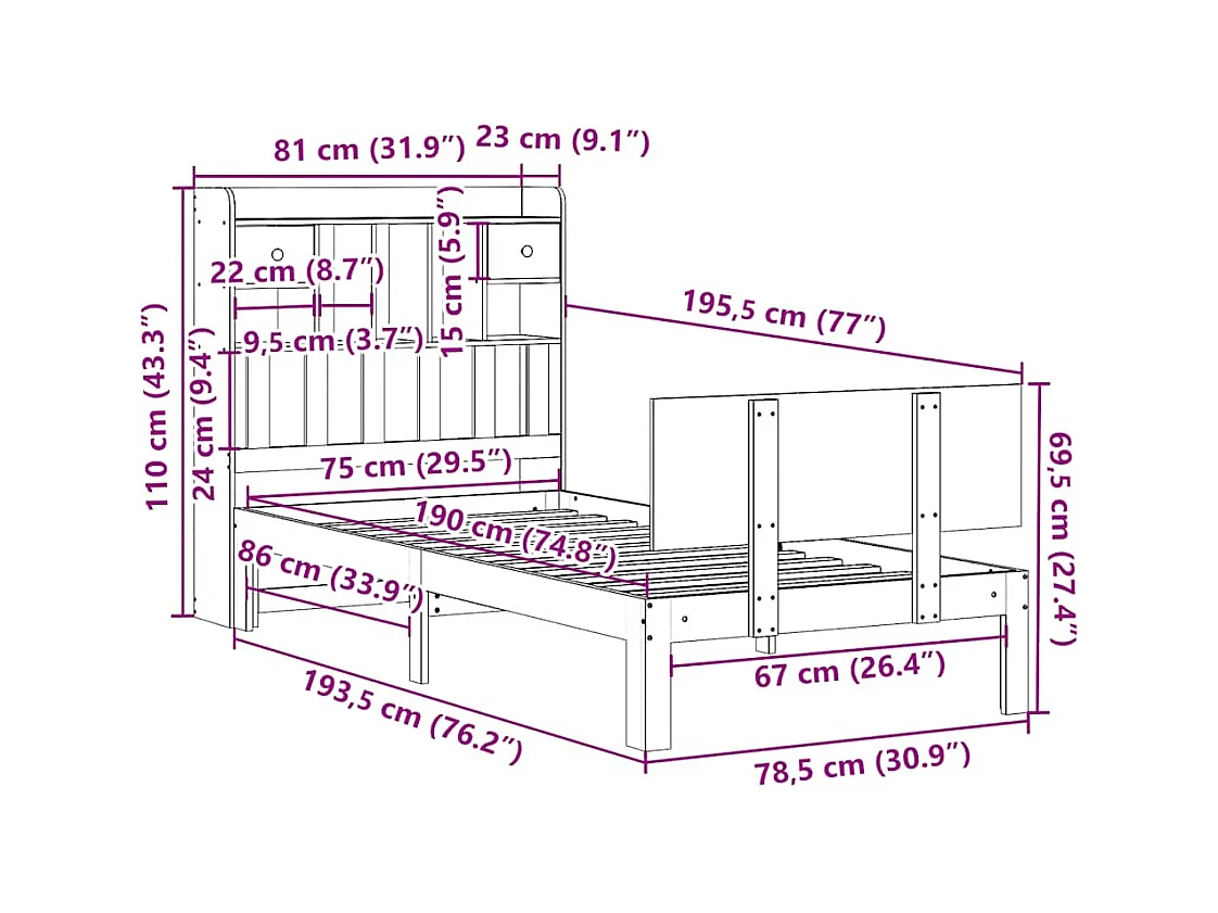 Lit bibliothèque sans matelas blanc 75x190cm bois de pin massif