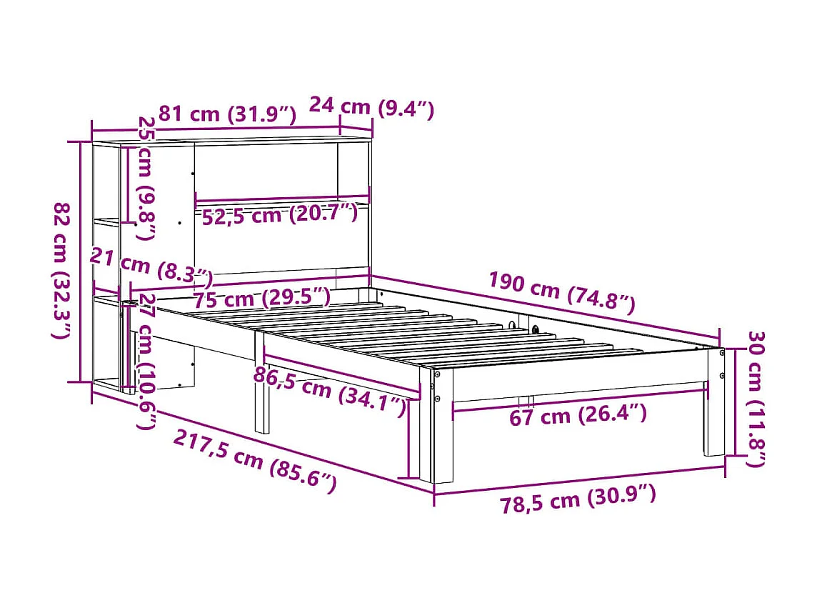 Cama com estante sem colchão 75x190cm pinho maciço castanho-mel