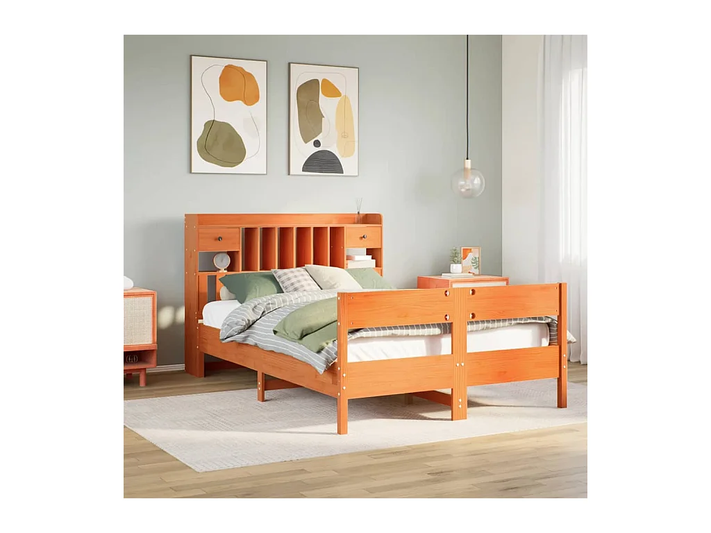 Lit bibliothèque sans matelas cire marron 140x190 cm pin massif