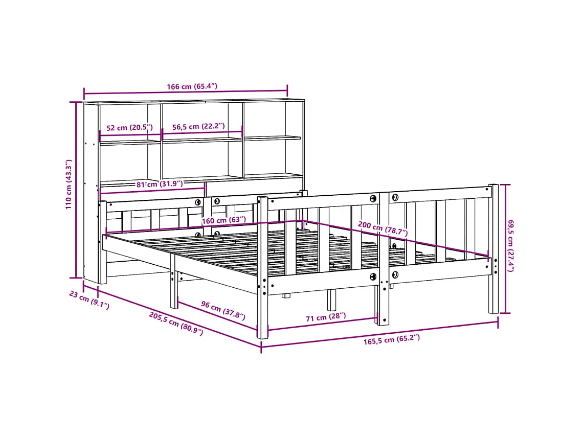 Lit bibliothèque sans matelas 160x200 cm bois massif de pin