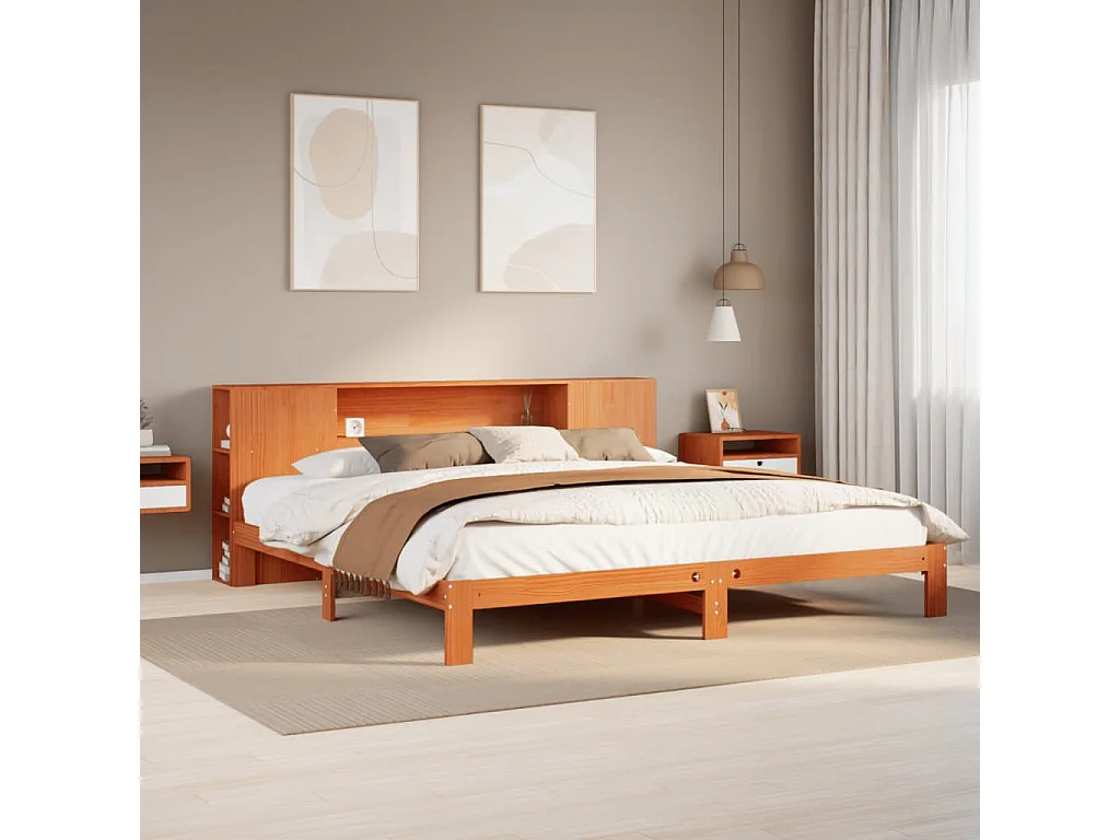 Massivholzbett mit Regal ohne Matratze Wachsbraun 180x200 cm
