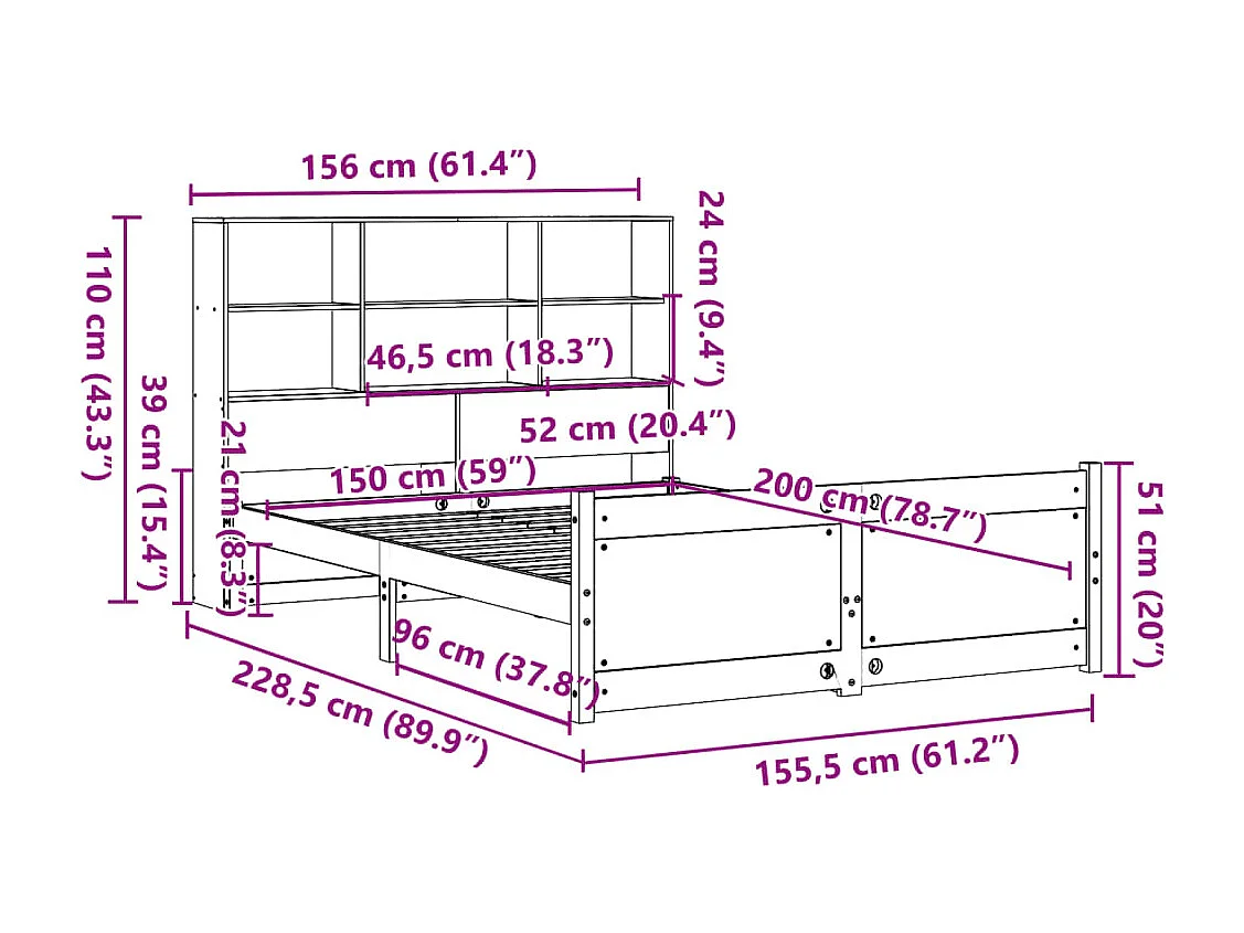 Bed met boekenkast zonder matras massief grenenhout 150x200 cm