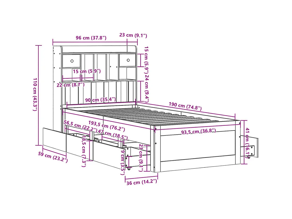 Lit bibliothèque sans matelas blanc 90x190cm bois de pin massif