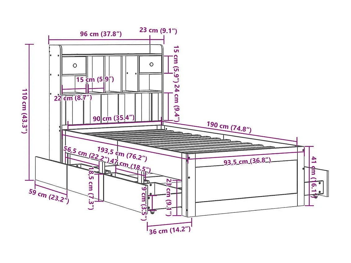 Lit bibliothèque sans matelas blanc 90x190cm bois de pin massif