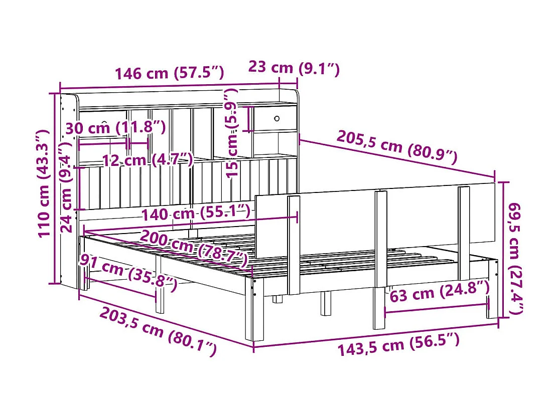 Massivholzbett mit Regal ohne Matratze Weiß 140x200 cm Kiefer