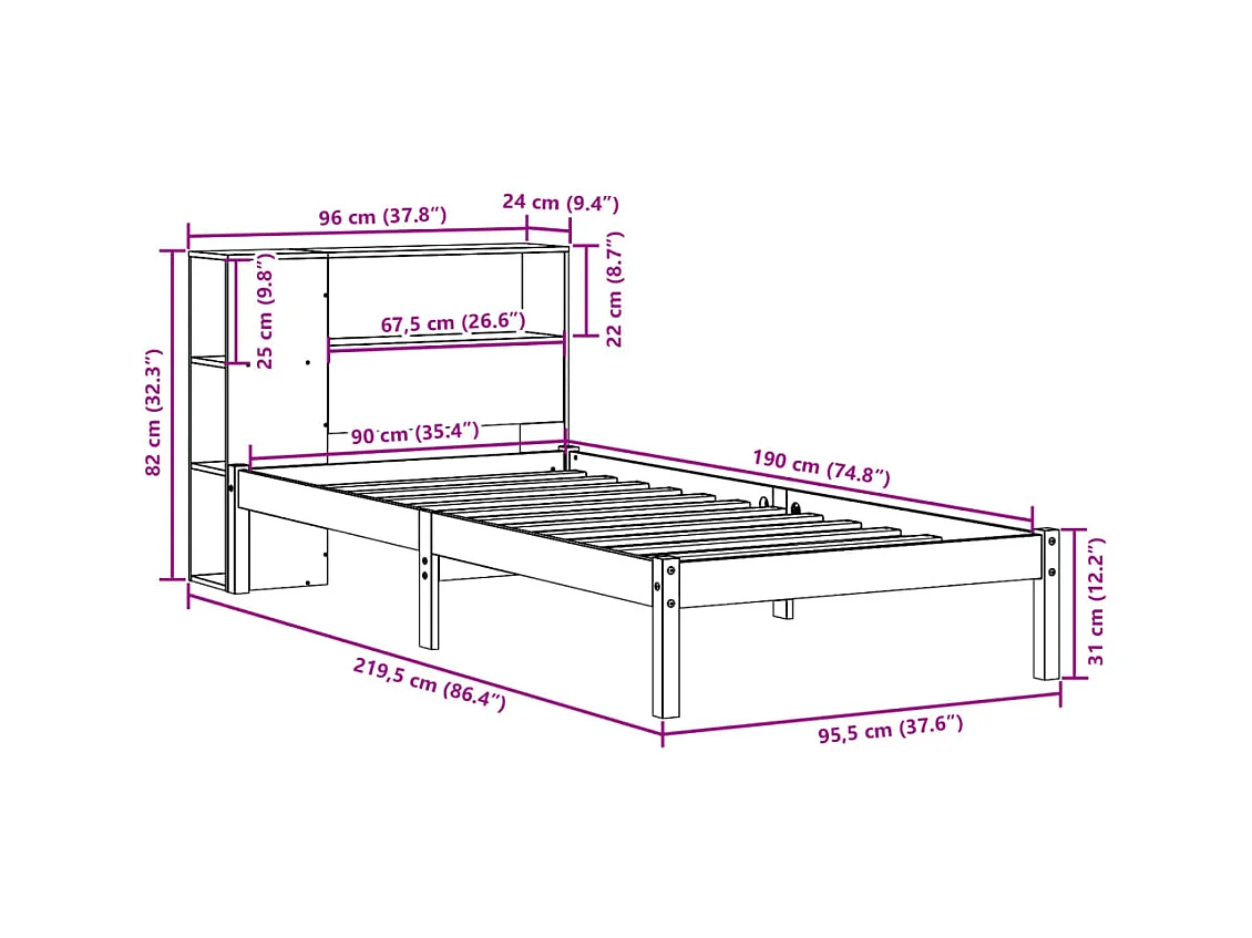 Lit bibliothèque sans matelas 90x190 cm bois de pin massif