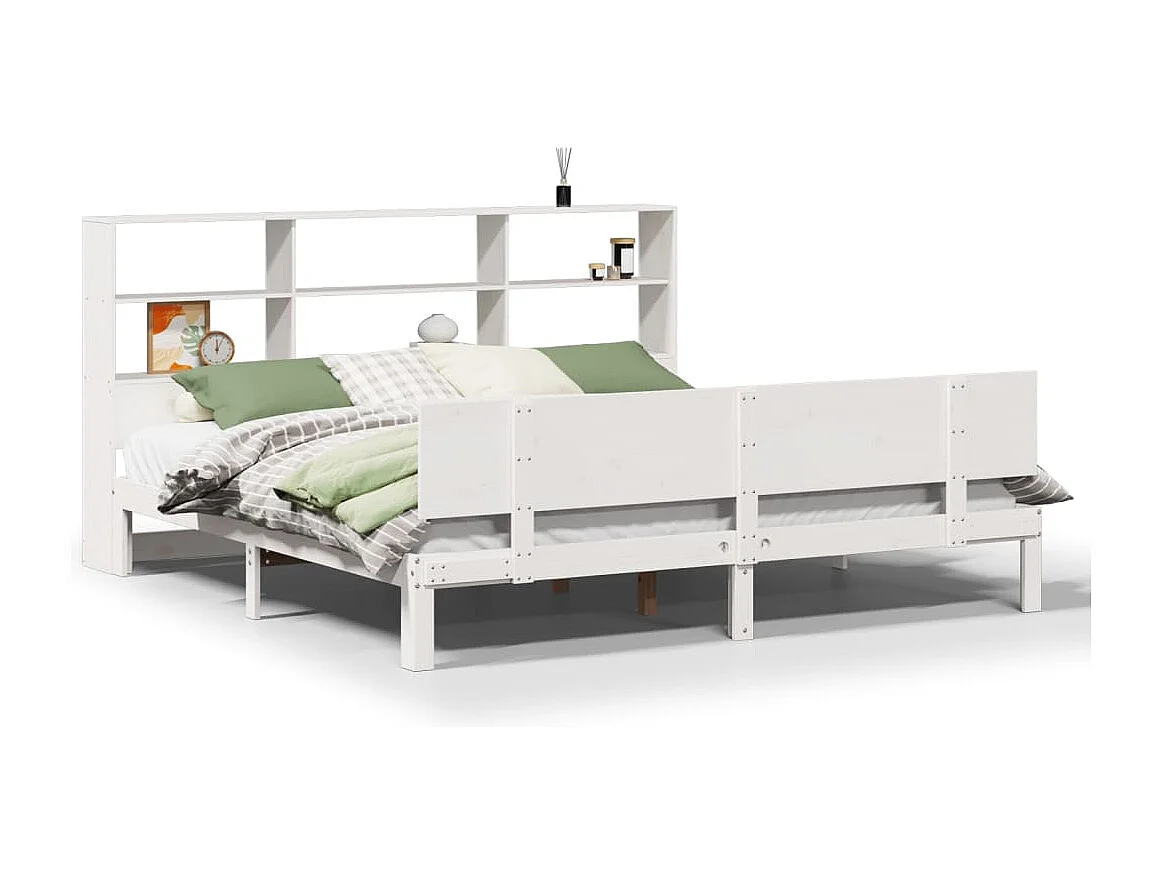 Lit bibliothèque sans matelas blanc 200x200 cm bois pin massif