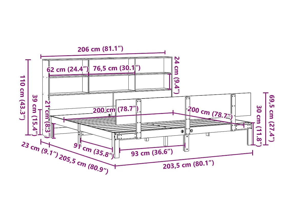 Lit bibliothèque sans matelas blanc 200x200 cm bois pin massif