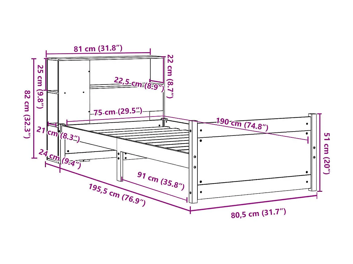 Giroletto con Libreria senza Materasso 75x190 cm in Legno Pino