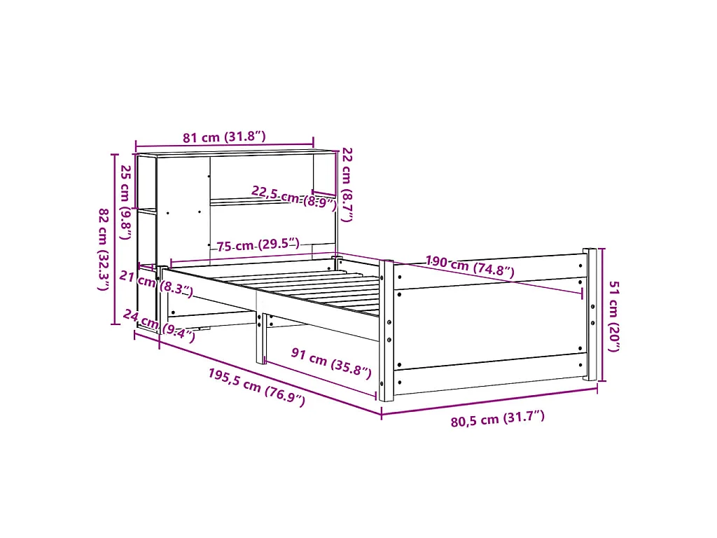 Lit bibliothèque sans matelas 75x190 cm bois de pin massif