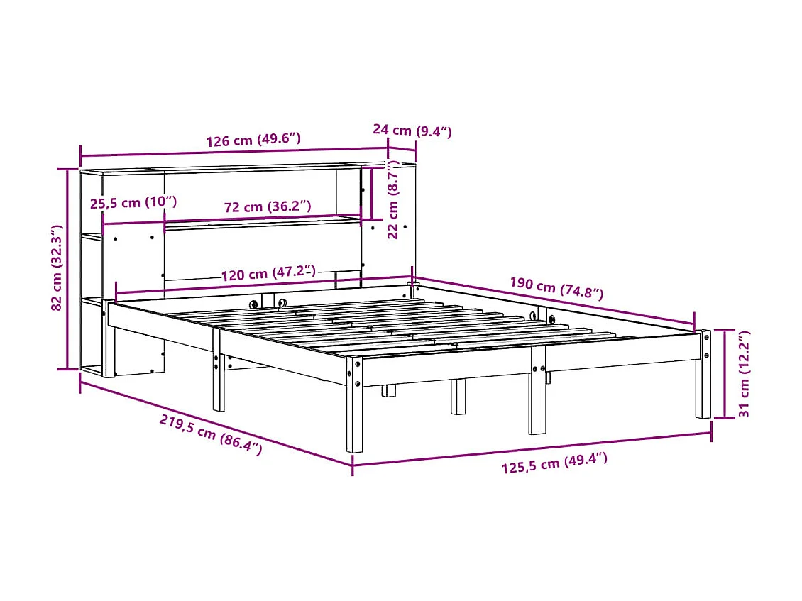Bed met boekenkast zonder matras grenenhout wit 120x190 cm