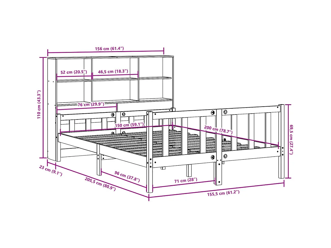 Lit bibliothèque sans matelas blanc 160x200 cm bois pin massif