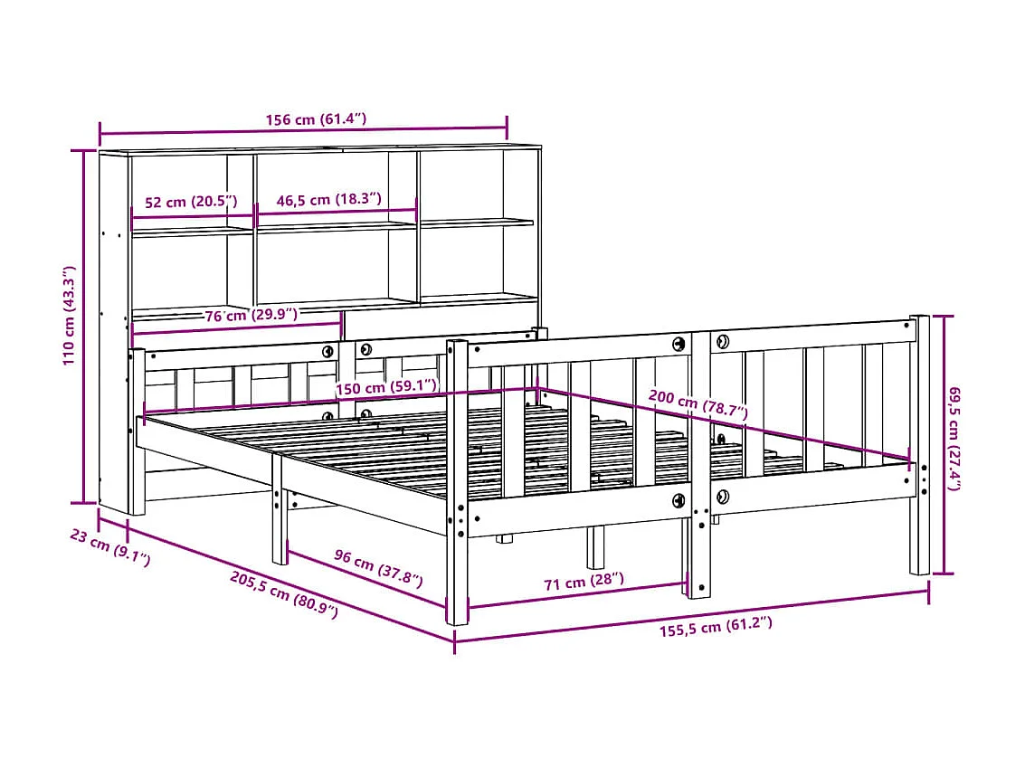 Lit bibliothèque sans matelas blanc 160x200 cm bois pin massif