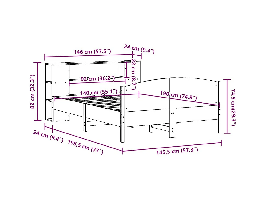 Lit bibliothèque sans matelas cire marron 140x190 cm pin massif