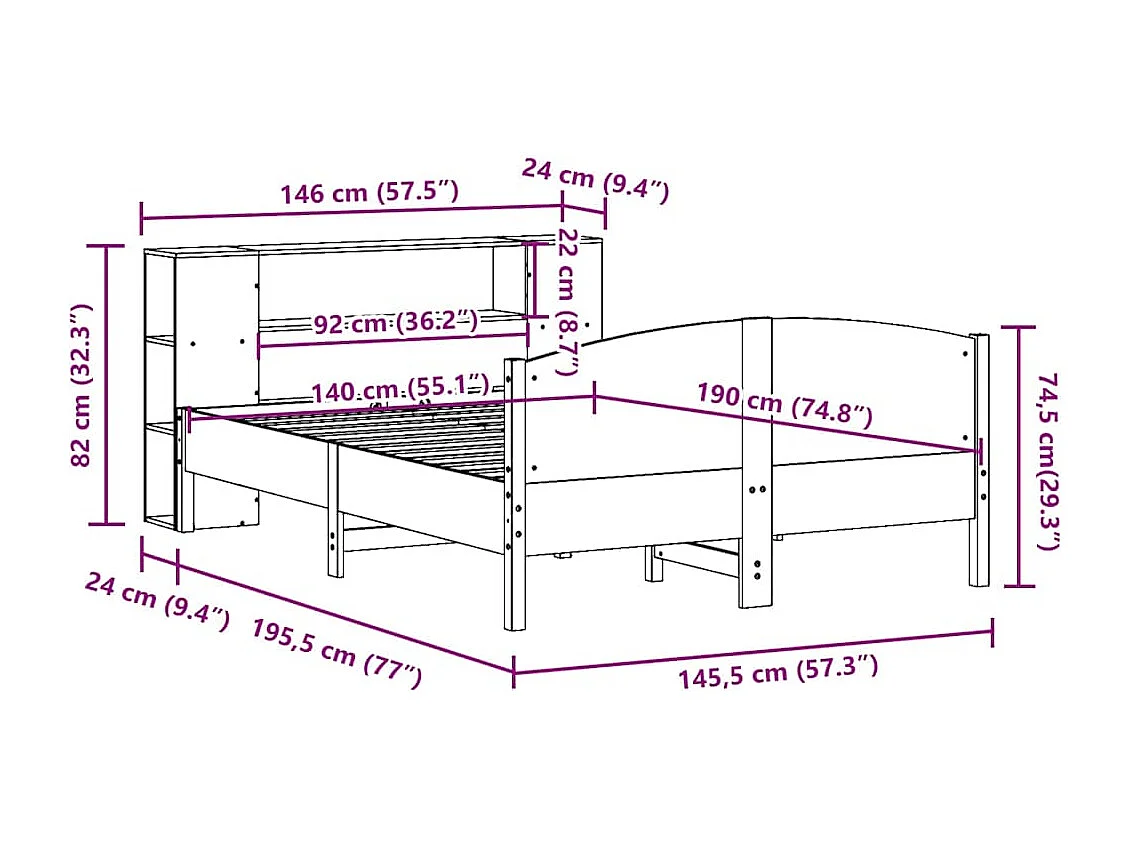 Cama con estantería sin colchón madera maciza marrón 140x190 cm