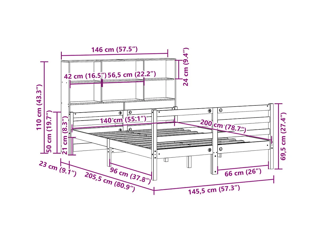 Lit bibliothèque sans matelas 140x200 cm bois massif de pin