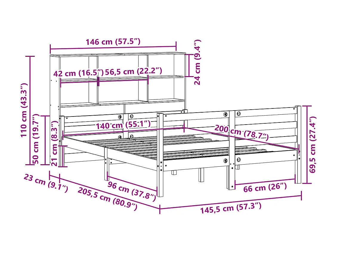 Massivholzbett mit Regal ohne Matratze 140x200 cm Kiefernholz