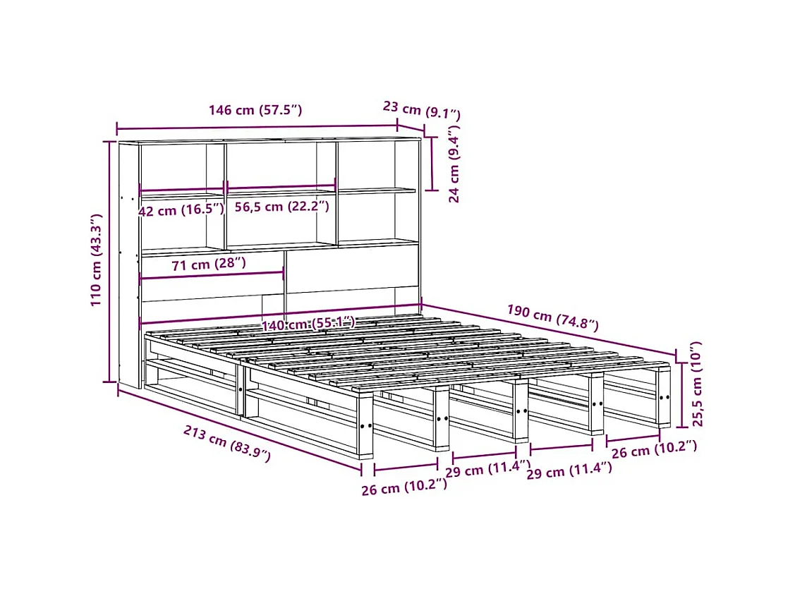 Lit bibliothèque sans matelas blanc 140x190 cm bois massif