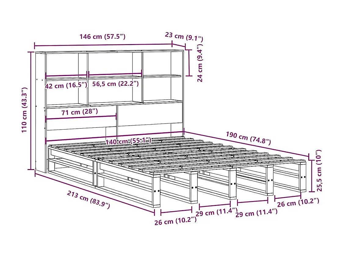Massivholzbett mit Regal ohne Matratze Weiß 140x190 cm