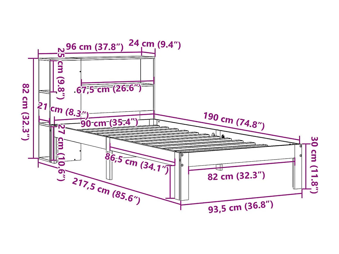 Lit bibliothèque sans matelas blanc 90x190cm bois de pin massif