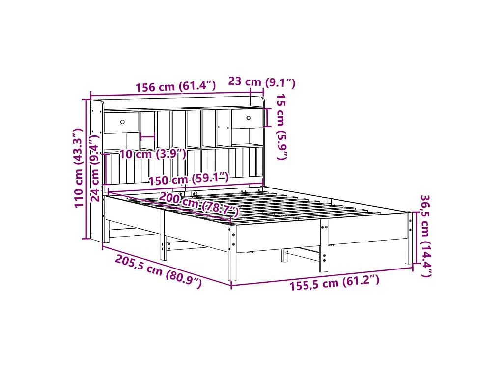 Letto Libreria senza Materasso Bianco 150x200 cm Legno di Pino