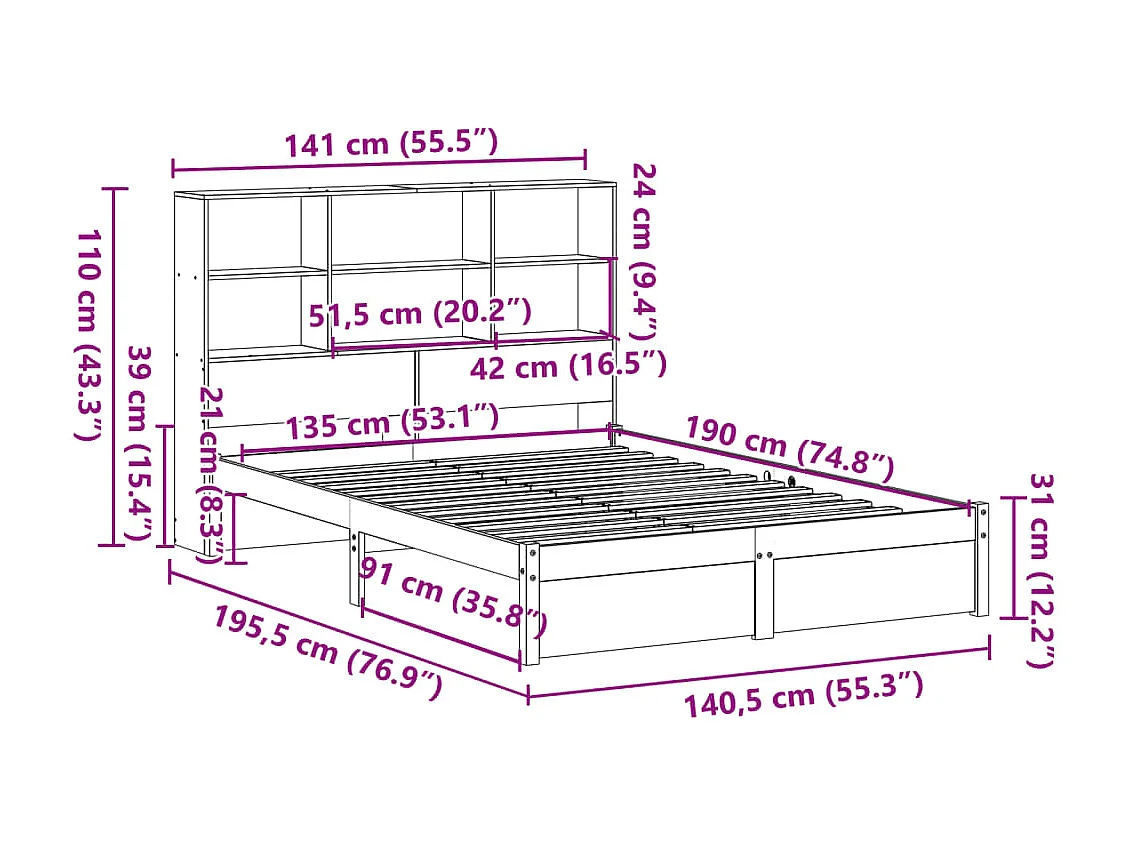 Lit bibliothèque sans matelas 135x190 cm bois de pin massif