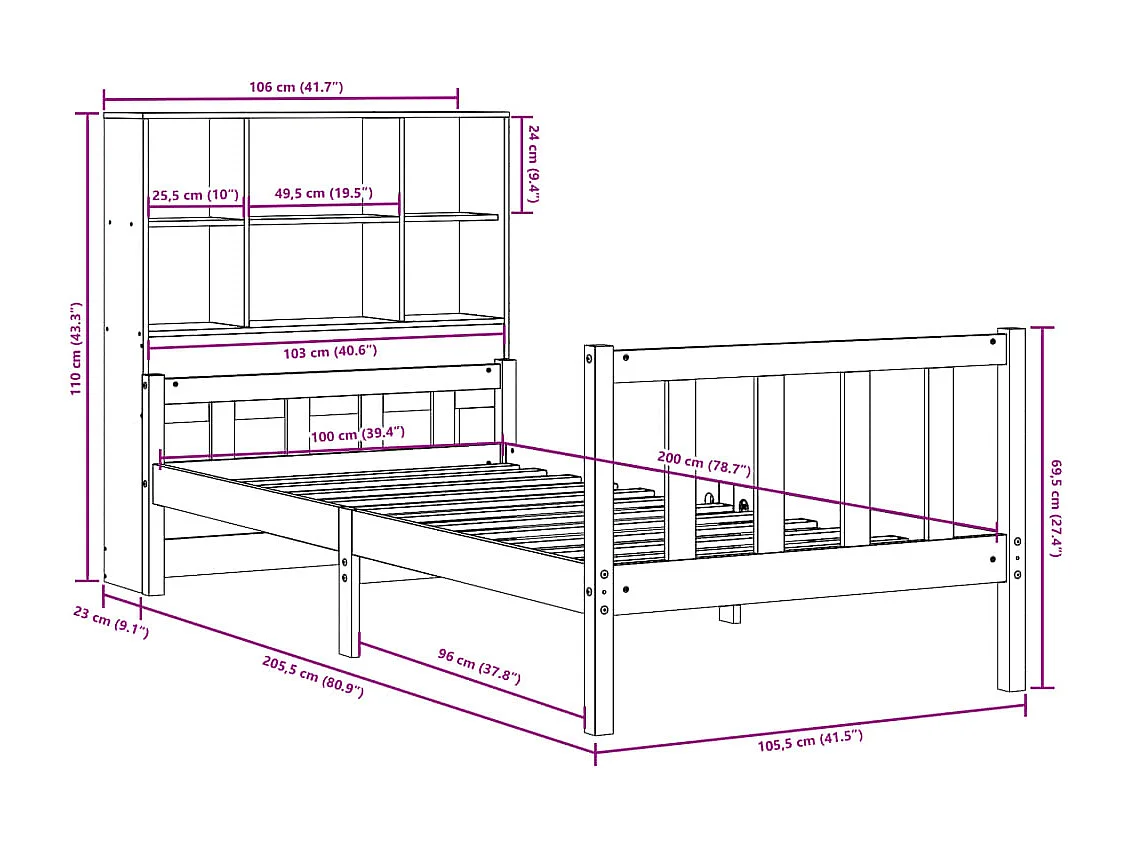 Lit bibliothèque sans matelas 100x200 cm bois massif de pin