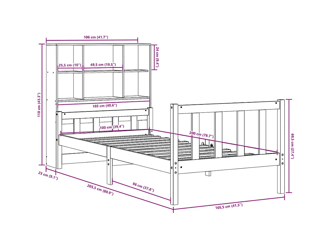 Lit bibliothèque sans matelas 100x200 cm bois massif de pin
