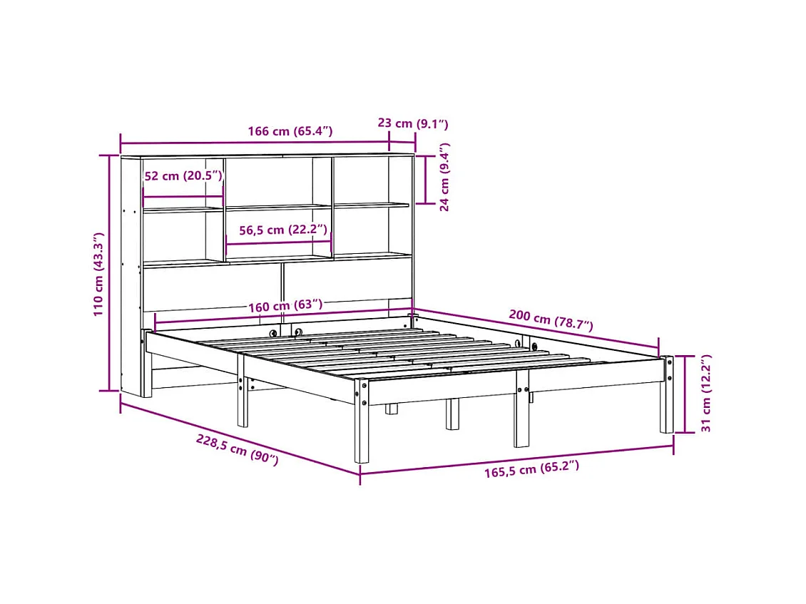 Lit bibliothèque sans matelas blanc 160x200 cm bois pin massif