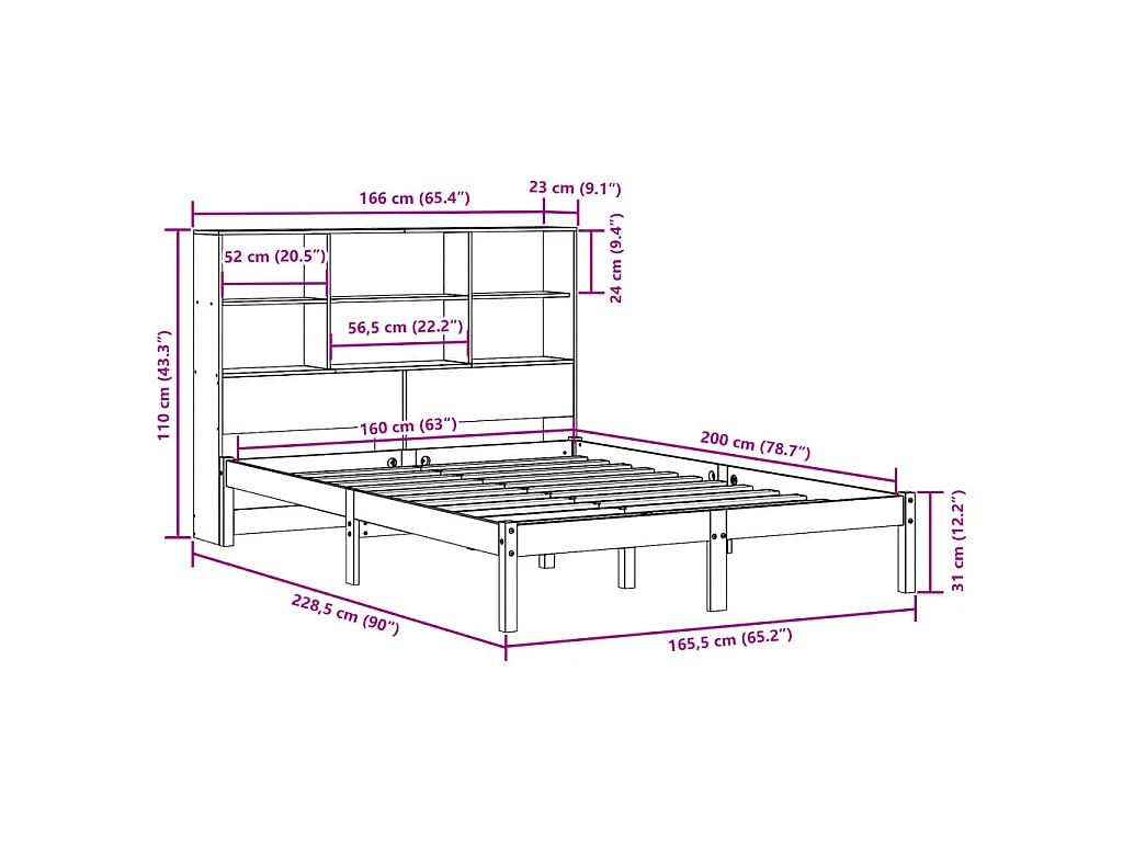 Cama com estante sem colchão 160x200 cm pinho maciço branco
