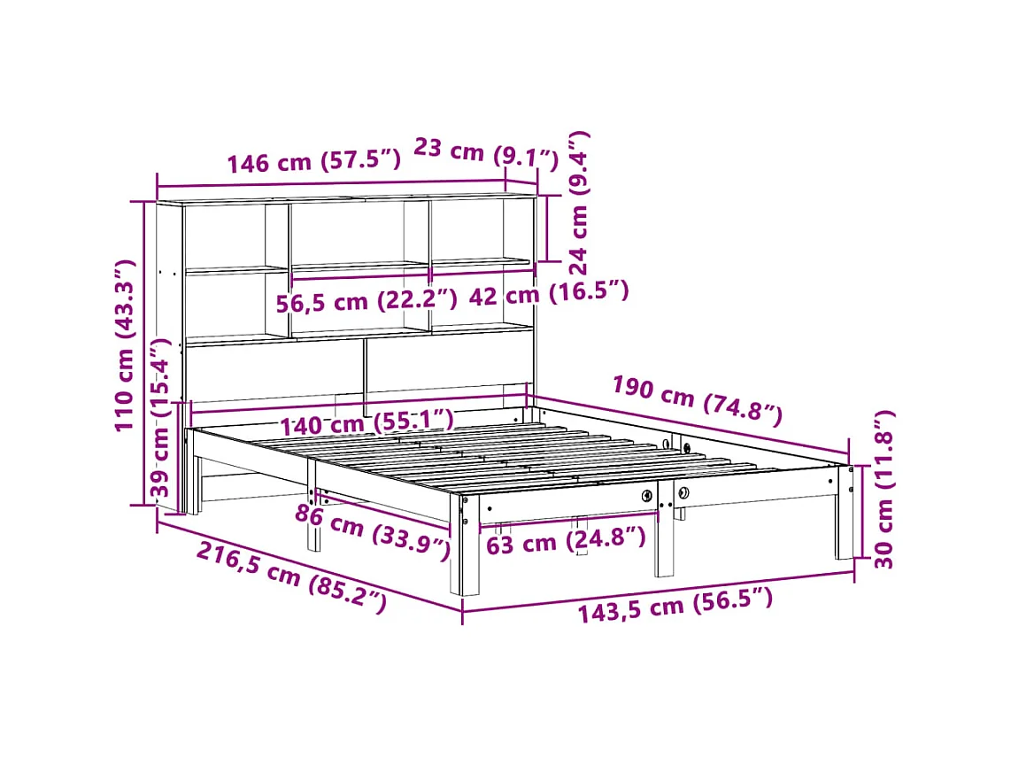 Lit bibliothèque sans matelas cire marron 140x190 cm pin massif