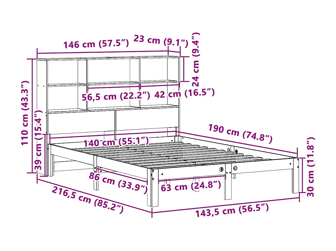Letto Libreria senza Materasso Marrone Cera 140x190 cm in Pino
