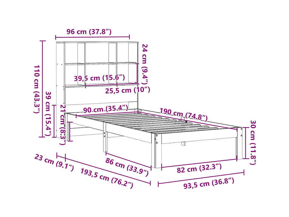 Lit bibliothèque sans matelas 90x190 cm bois de pin massif