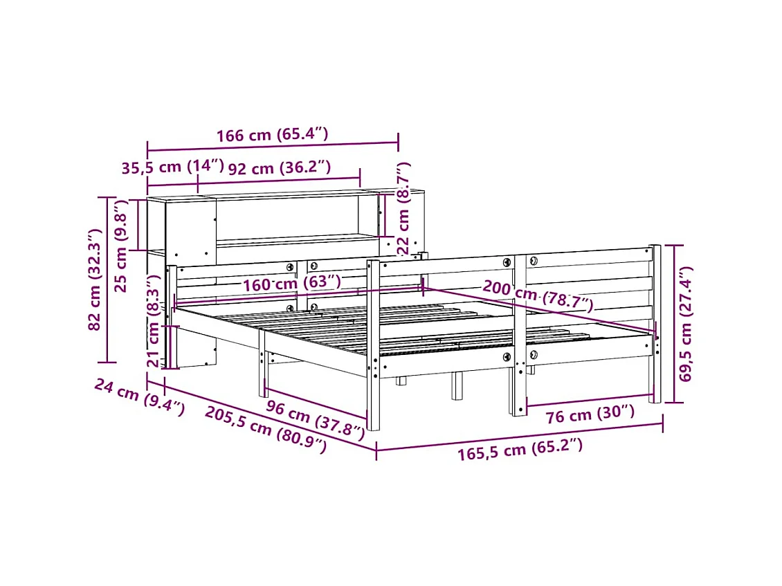 Lit bibliothèque sans matelas 160x200 cm bois massif de pin