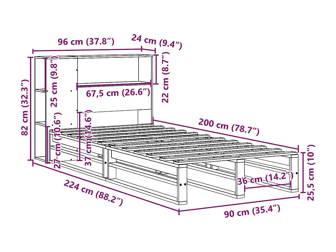 Bed met boekenkast zonder matras massief hout 90x200 cm