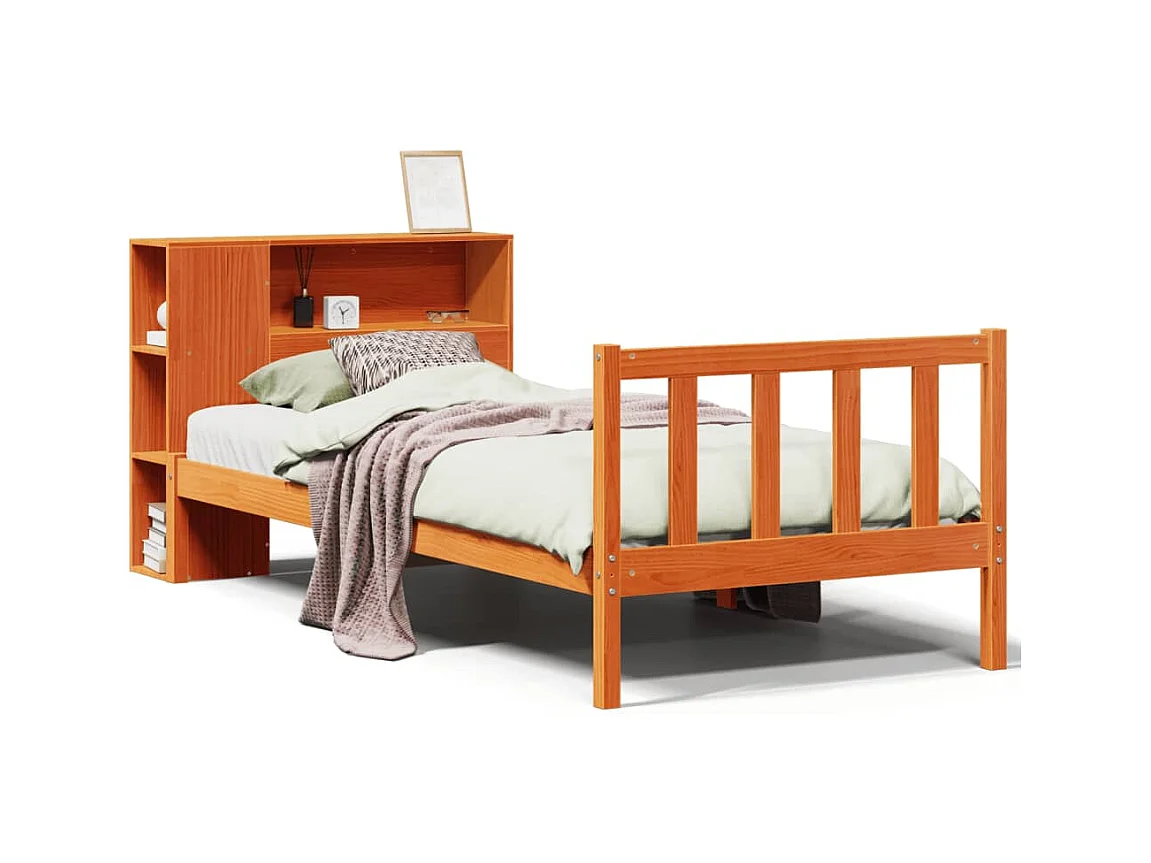 Lit bibliothèque sans matelas cire marron 100x200 cm pin massif