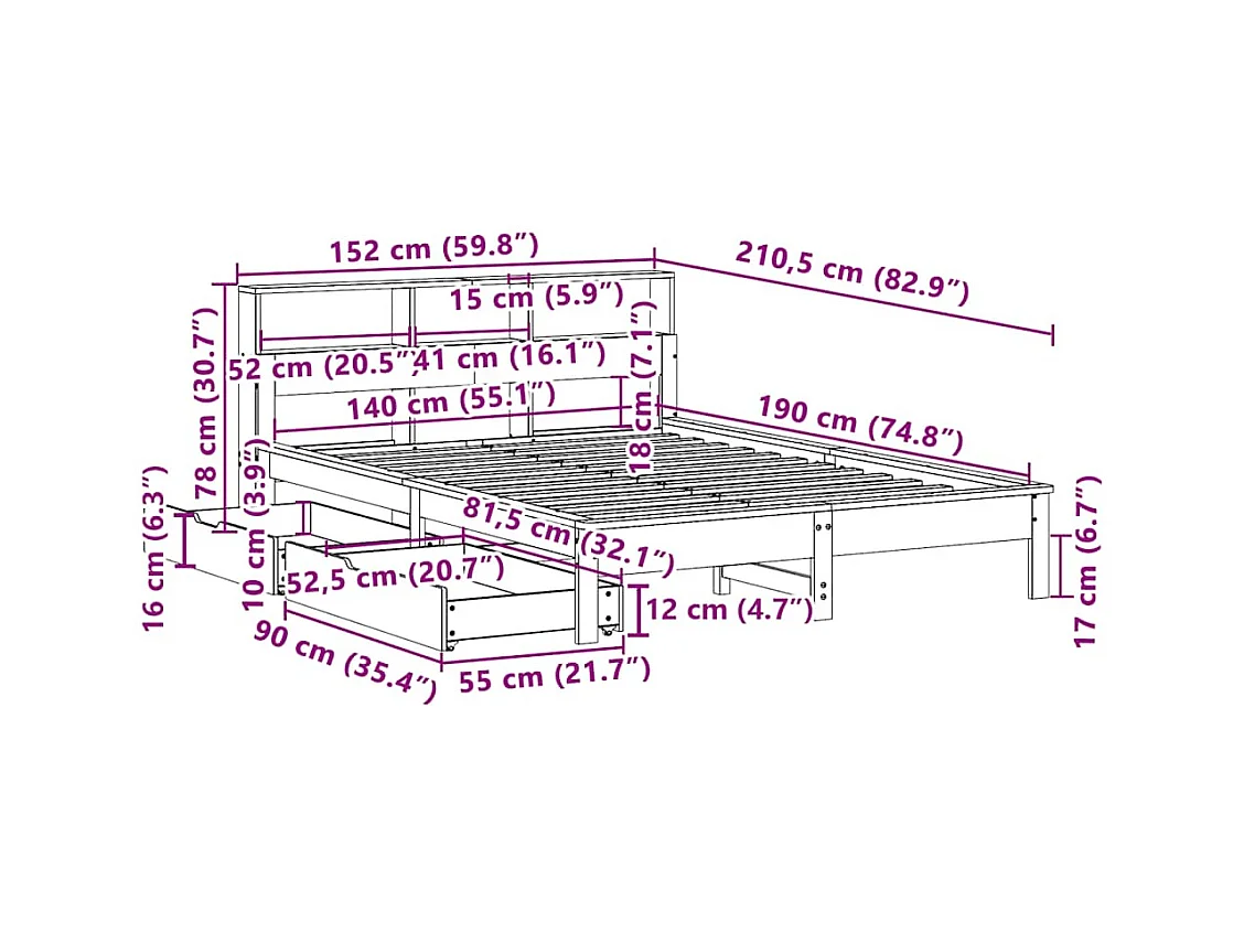 Bed met boekenkast zonder matras grenenhout wit 140x190 cm
