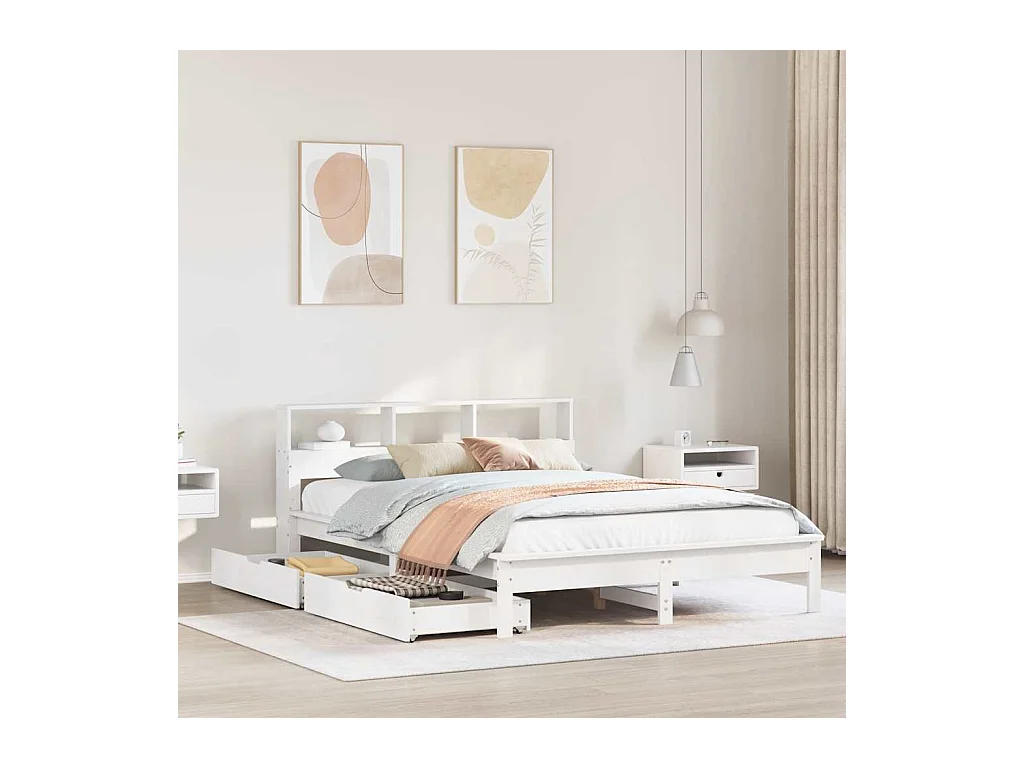 Lit bibliothèque sans matelas blanc 140x190 cm bois pin massif
