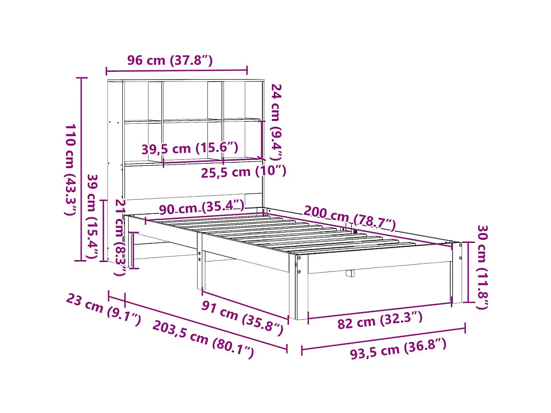 Lit bibliothèque sans matelas 90x200 cm bois de pin massif