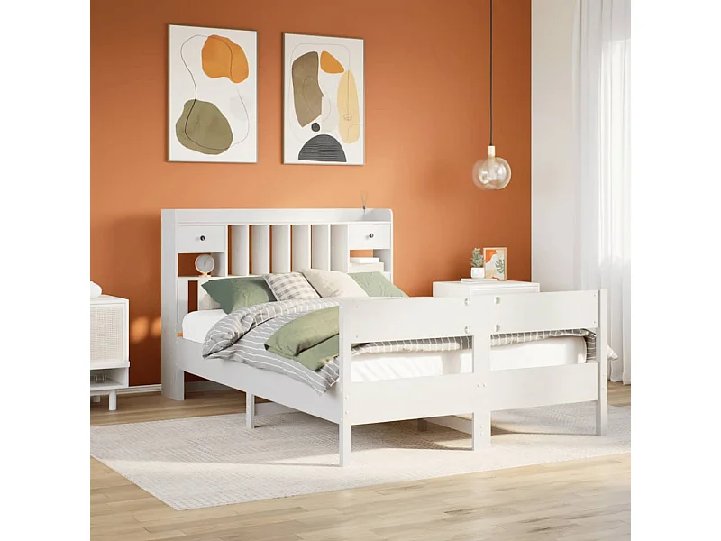 Cama con estantería sin colchón madera maciza blanca 150x200 cm