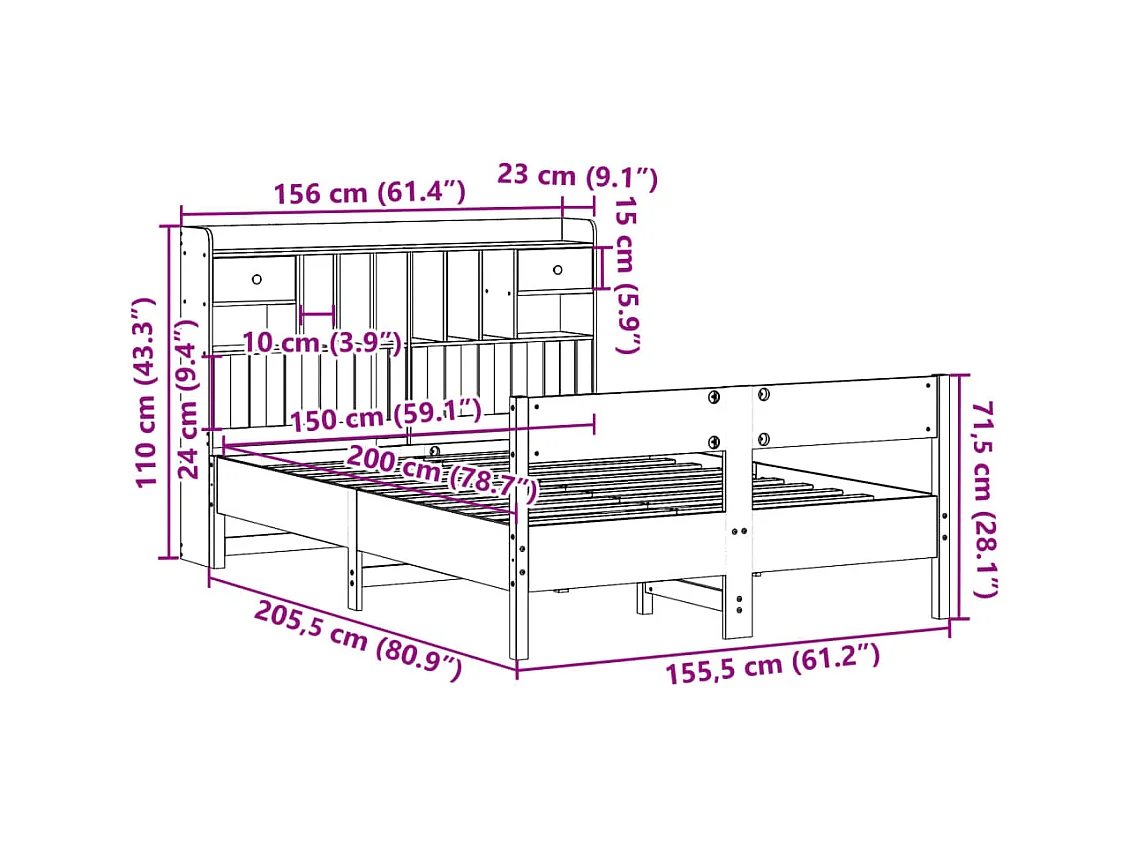 Cama con estantería sin colchón madera maciza blanca 150x200 cm