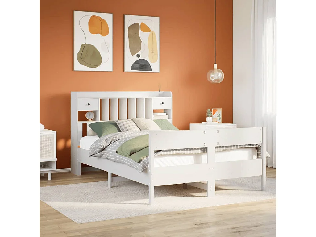 Lit bibliothèque sans matelas blanc 150x200 cm bois pin massif