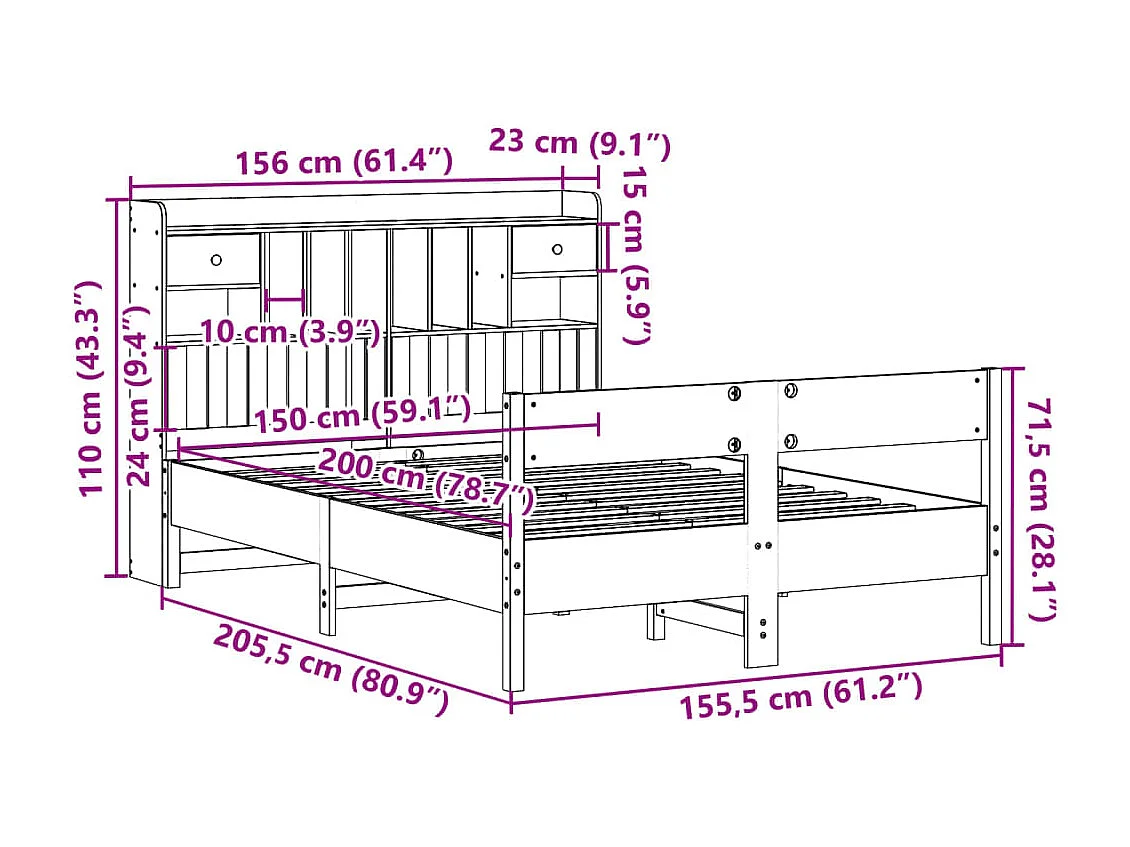 Lit bibliothèque sans matelas blanc 150x200 cm bois pin massif
