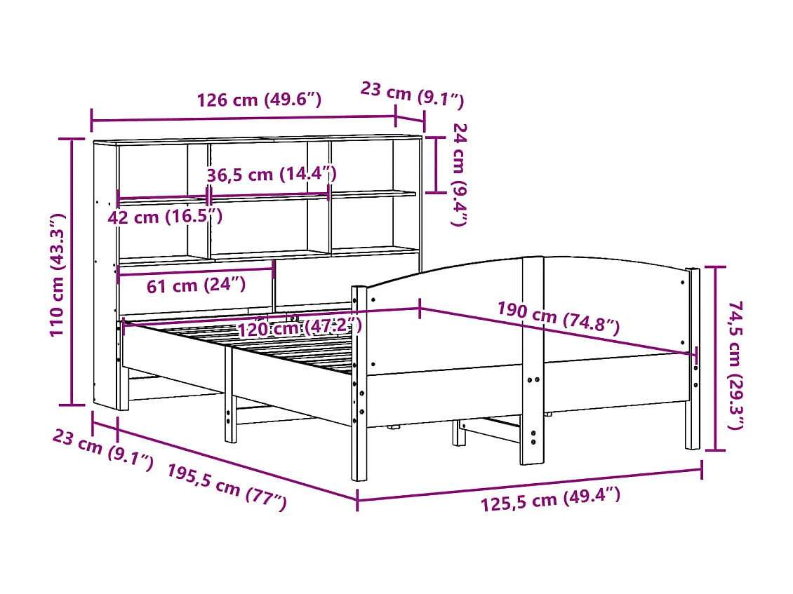 Letto Libreria senza Materasso Bianco 120x190 cm Legno di Pino