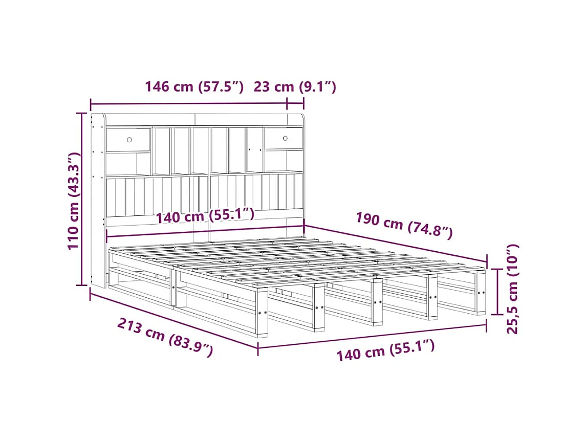 Lit bibliothèque sans matelas 140x190 cm bois de pin massif