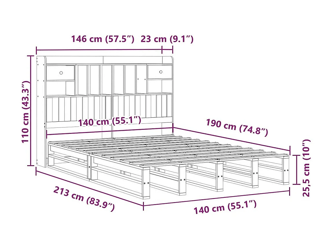 Massivholzbett mit Regal ohne Matratze 140x190 cm Kiefernholz