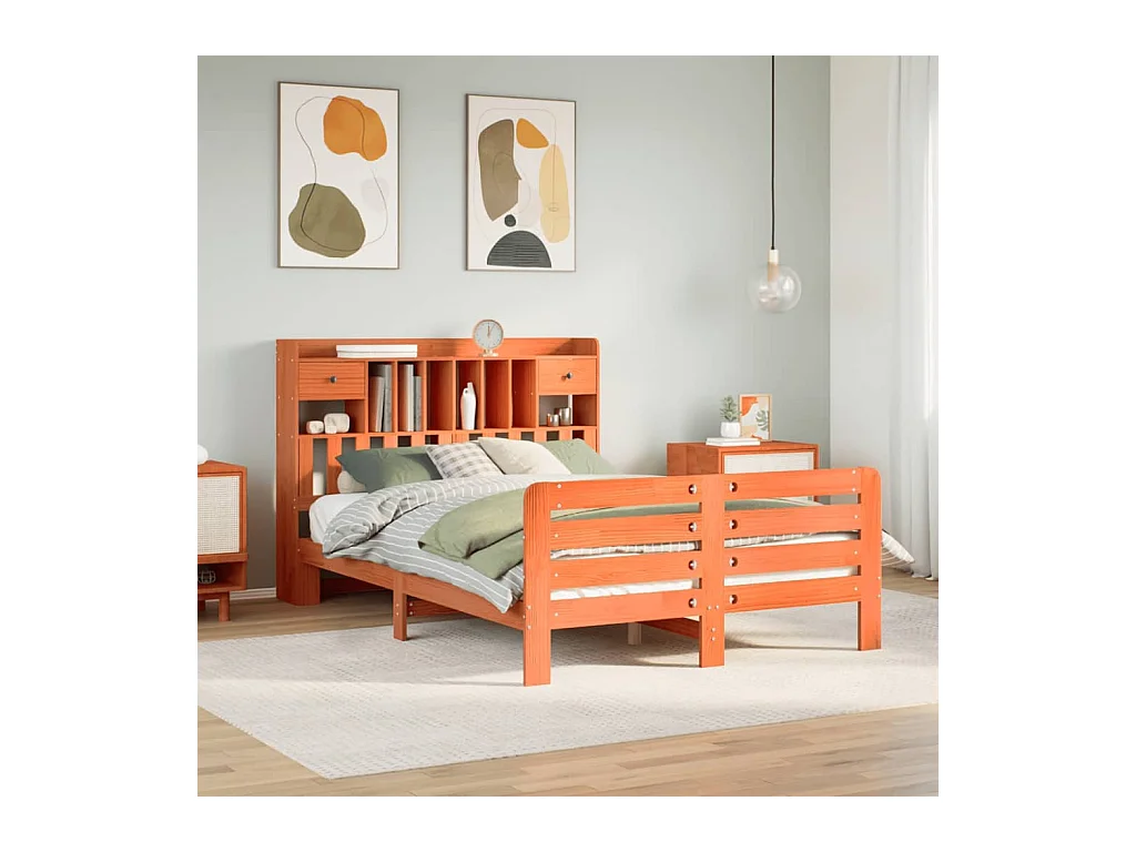 Lit bibliothèque sans matelas cire marron 140x190 cm pin massif
